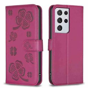 For Samsung Galaxy S21 Ultra 5G Four-leaf Embossed Leather Phone Case(Rose Red)