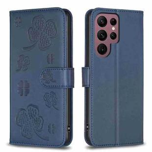 For Samsung Galaxy S22 Ultra 5G Four-leaf Embossed Leather Phone Case(Blue)