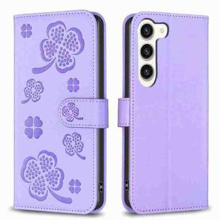 For Samsung Galaxy S23 5G Four-leaf Embossed Leather Phone Case(Purple)