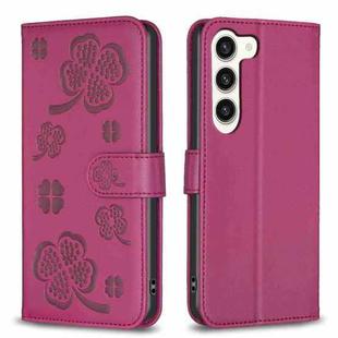 For Samsung Galaxy S23+ 5G Four-leaf Embossed Leather Phone Case(Rose Red)