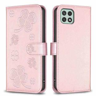 For Samsung Galaxy A22 5G Four-leaf Embossed Leather Phone Case(Pink)