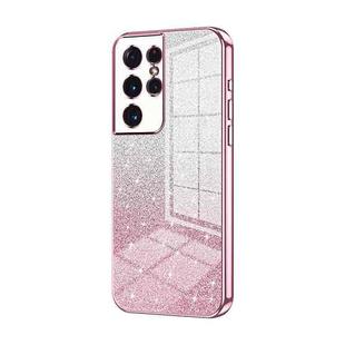 For Samsung Galaxy S21 Ultra 5G Gradient Glitter Powder Electroplated Phone Case(Pink)