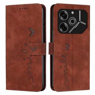 For Tecno Pova 6 Pro Skin Feel Heart Embossed Leather Phone Case with Long Lanyard(Brown)