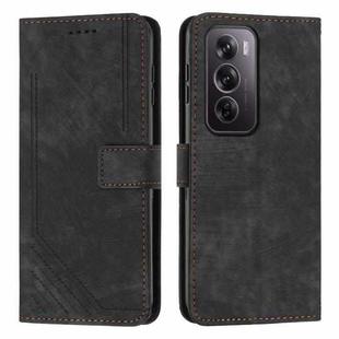 For OPPO Reno12 Pro Global Skin Feel Stripe Pattern Leather Phone Case with Long Lanyard(Black)