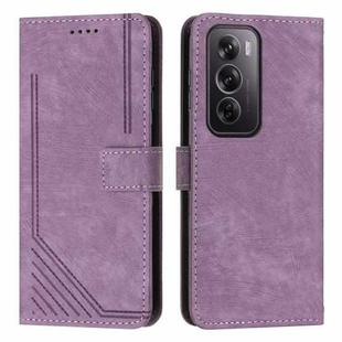 For OPPO Reno12 Pro Global Skin Feel Stripe Pattern Leather Phone Case with Long Lanyard(Purple)