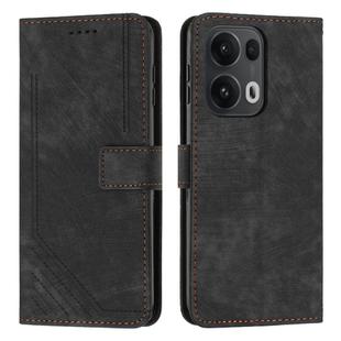 For OPPO Reno13 Pro Global Skin Feel Stripe Pattern Leather Phone Case with Long Lanyard(Black)