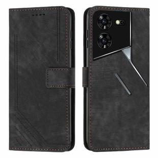 For Tecno Pova 5 Pro Skin Feel Stripe Pattern Leather Phone Case with Long Lanyard(Black)