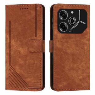 For Tecno Pova 6 Pro Skin Feel Stripe Pattern Leather Phone Case with Long Lanyard(Brown)