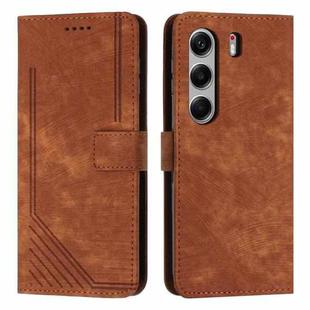 For Tecno Camon 40 4G Skin Feel Stripe Pattern Leather Phone Case with Long Lanyard(Brown)