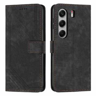 For Tecno Camon 40 4G Skin Feel Stripe Pattern Leather Phone Case with Long Lanyard(Black)