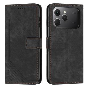 For Tecno Spark 40 4G Skin Feel Stripe Pattern Leather Phone Case with Lanyard(Black)