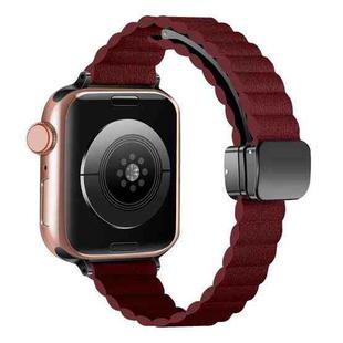 For Apple Watch SE 2023 44mm Water Ripple Magnetic Folding Buckle Watch Band, Style: Thin Version(Wine Red)