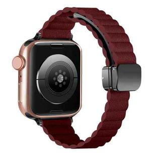 For Apple Watch SE 2023 40mm Water Ripple Magnetic Folding Buckle Watch Band, Style: Thin Version(Wine Red)