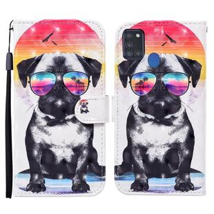 For Samsung Galaxy A21s Colored Drawing Pattern Horizontal Flip Leather Case with Holder & Card Slots & Wallet(Glasses Dog)
