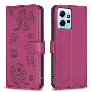 For Xiaomi Redmi Note 12 4G Global Four-leaf Embossed Leather Phone Case(Rose Red)