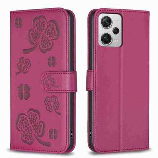 For Xiaomi Redmi Note 12 Pro+ 5G Global Four-leaf Embossed Leather Phone Case(Rose Red)