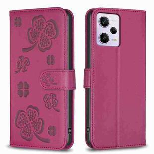 For Xiaomi Redmi Note 12 Pro 5G Global Four-leaf Embossed Leather Phone Case(Rose Red)