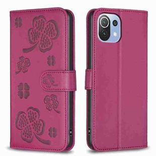 For Xiaomi Mi 11 Lite Four-leaf Embossed Leather Phone Case(Rose Red)
