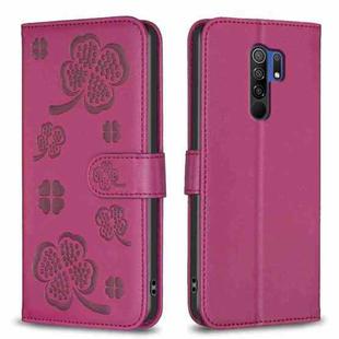 For Xiaomi Redmi 9 Four-leaf Embossed Leather Phone Case(Rose Red)