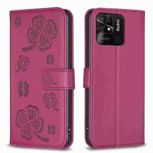 For Xiaomi Redmi 10C Four-leaf Embossed Leather Phone Case(Rose Red)