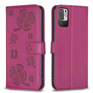 For Xiaomi Redmi Note 10 5G Four-leaf Embossed Leather Phone Case(Rose Red)