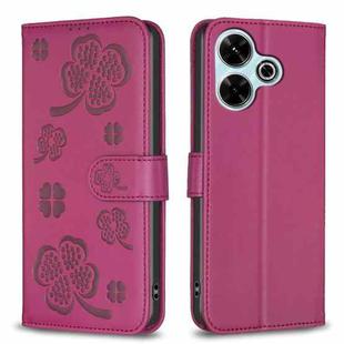 For Xiaomi Poco M6 4G / Redmi 13 4G Four-leaf Embossed Leather Phone Case(Rose Red)