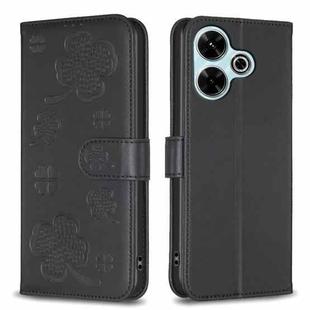 For Xiaomi Poco M6 4G / Redmi 13 4G Four-leaf Embossed Leather Phone Case(Black)