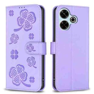 For Xiaomi Poco M6 4G / Redmi 13 4G Four-leaf Embossed Leather Phone Case(Purple)