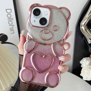 For iPhone 15 Bear Shape Electroplated TPU Phone Case with Gradient Glitter Paper(Pink)