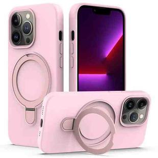 For iPhone 14 Pro Max MagSafe Magnetic Liquid Silicone Phone Case with Ring Holder(Grey Pink)