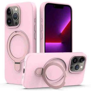 For iPhone 15 Pro Liquid Silicone MagSafe Magnetic Phone Case with Ring Holder(Grey Pink)