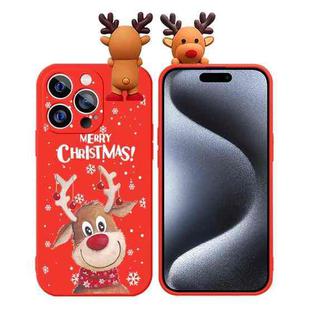 For iPhone 15 Pro Max Colored Drawing Deer Relief Doll Soft TPU Phone Case(Christmas Elk)