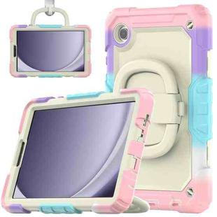 For Samsung Galaxy Tab A9 Handle Silicone Hydric PC Tablet Case with Shoulder Strap(Colorful Pink)