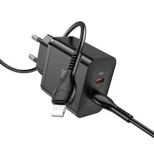 Hoco N35 Streamer PD45W USB-C / Type-C Dual Port Charger Set with Type-C to 8 Pin Cable, EU Plug(Black)