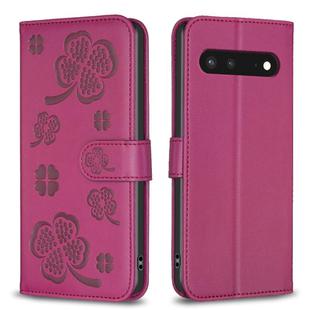 For Google Pixel 7 Four-leaf Embossed Leather Phone Case(Rose Red)