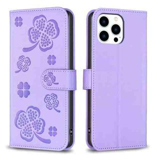 For iPhone 15 Pro Max Four-leaf Embossed Leather Phone Case(Purple)