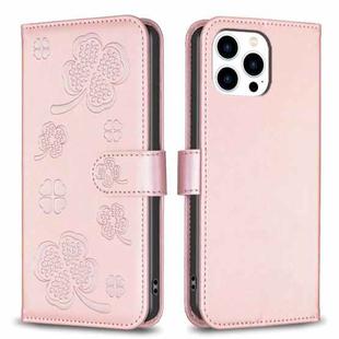 For iPhone 15 Pro Max Four-leaf Embossed Leather Phone Case(Pink)