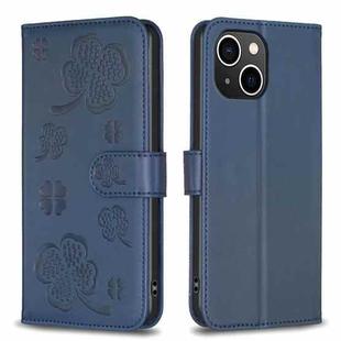 For iPhone 15 Plus Four-leaf Embossed Leather Phone Case(Blue)