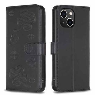 For iPhone 15 Four-leaf Embossed Leather Phone Case(Black)