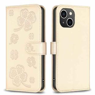 For iPhone 15 Four-leaf Embossed Leather Phone Case(Gold)