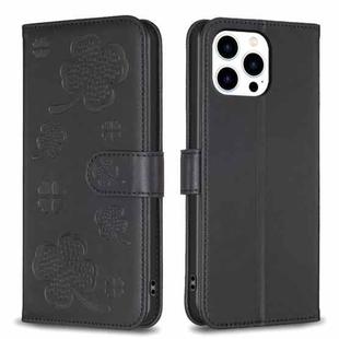 For iPhone 13 Pro Max Four-leaf Embossed Leather Phone Case(Black)