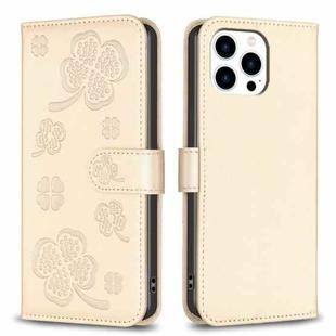 For iPhone 13 Pro Max Four-leaf Embossed Leather Phone Case(Gold)