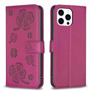For iPhone 13 Pro Four-leaf Embossed Leather Phone Case(Rose Red)
