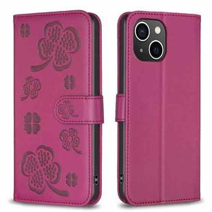 For iPhone 13 Four-leaf Embossed Leather Phone Case(Rose Red)