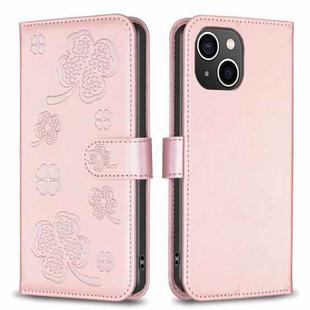 For iPhone 13 Four-leaf Embossed Leather Phone Case(Pink)