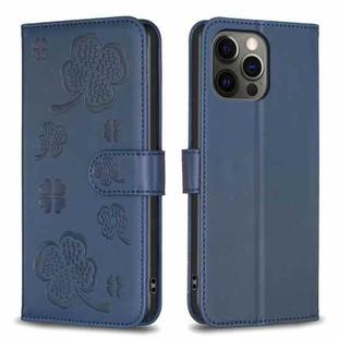 For iPhone 12 / 12 Pro Four-leaf Embossed Leather Phone Case(Blue)