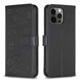 For iPhone 12 / 12 Pro Four-leaf Embossed Leather Phone Case(Black)