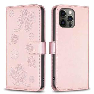 For iPhone 12 / 12 Pro Four-leaf Embossed Leather Phone Case(Pink)