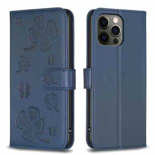 For iPhone 12 Pro Max Four-leaf Embossed Leather Phone Case(Blue)