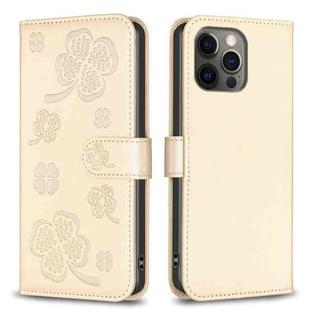 For iPhone 12 Pro Max Four-leaf Embossed Leather Phone Case(Gold)